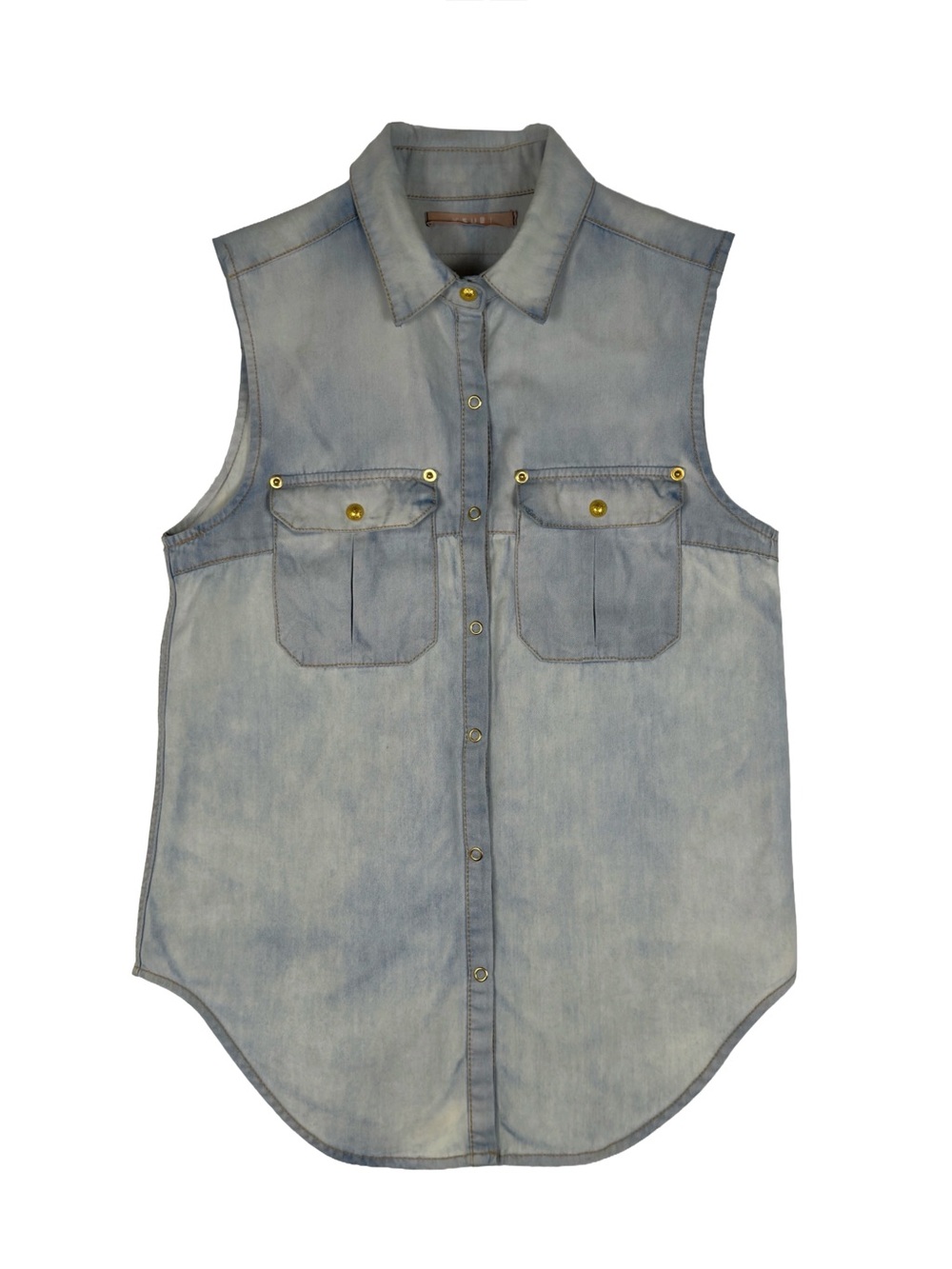 KSUBI Light Wash Sleeveless Faded Denim Snap Button Up Utility Shirt Like New